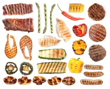 Izgara sebze, balık ve et beyaza izole edilmiş, kolaj