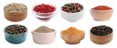 Beyazlar üzerine izole edilmiş farklı biber çeşitleri.