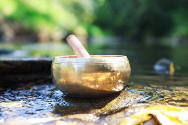 Nehir kenarındaki taşın üzerinde tokmakla Tibet şarkı kasesi, yakın çekim