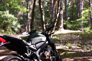 Ormana park edilmiş modern siyah motosiklet. Metin için boşluk