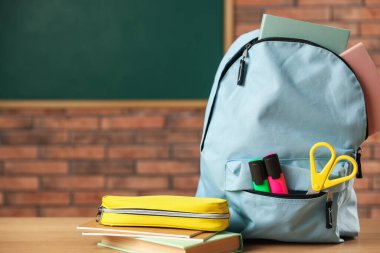 Açık mavi bir sırt çantası, farklı kırtasiye malzemeleri, kalem kutusu ve kitap sınıfta, yakın plan. Metin için boşluk