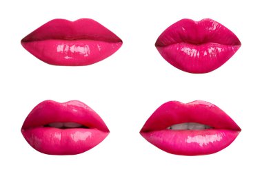 Parlak pembe rujlu kadın dudakları beyaz, kolaj