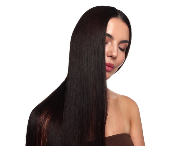 Woman with beautiful smooth hair after lamination procedure on white background