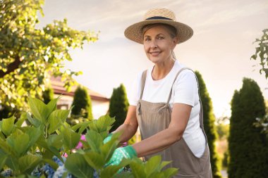 Bahçede çiçekli şapka ve önlüklü gülümseyen yaşlı kadın portresi.