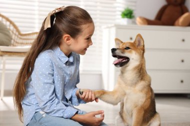 Evde köpeğiyle yerde yatan sevimli küçük bir kız. Çocuk ve hayvan