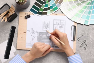 Gri masadaki iç mekan çizimi, üst manzara.