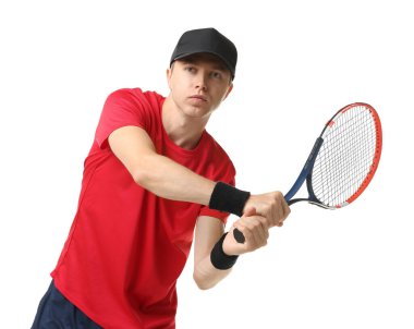 Beyaz arka planda tenis raketi olan bir adam.