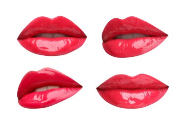 Kırmızı rujlu kadın dudakları beyaza izole edilmiş, kolaj