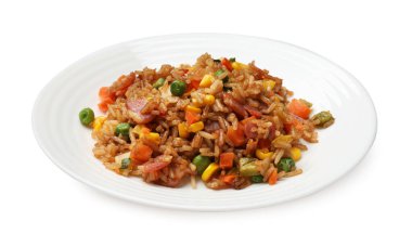 Lezzetli kızarmış pilav, sebzeli ve pastırmalı.