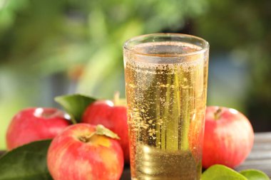 Açık havada cam, elma ve yeşil yapraklı lezzetli elma şarabı, yakın plan.