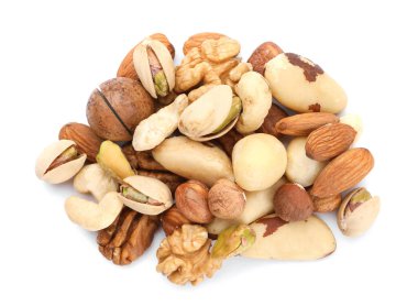Farklı fındıkların karışımı beyaz, üst görünüm