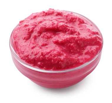 Lezzetli yaban turpu sosu, pancar kökü ve beyaz tencere.