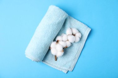 Temiz havlu ve pamuk çiçekleri açık mavi arka planda, üst manzara