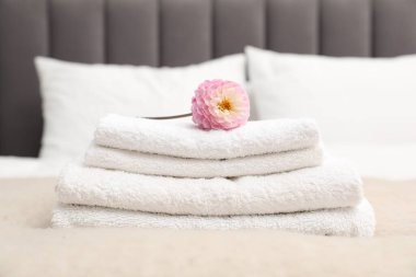 Yatakta beyaz havlu ve yıldız çiçeği yığını, yakın plan.