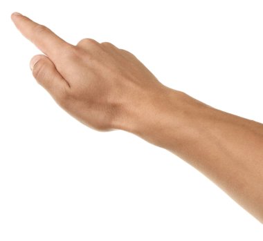 Beyaz arkaplanda bir şeye dokunan adam, yakın plan.