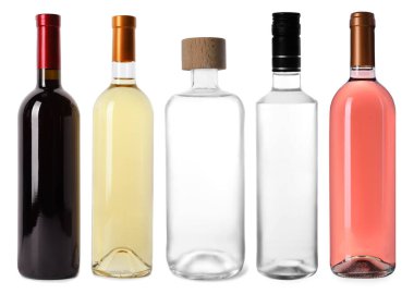 Farklı alkollü içeceklerle dolu şişeler beyaz sette izole edilmiş.