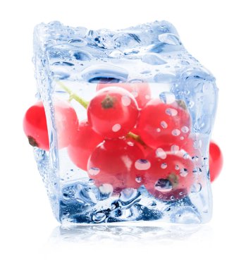 Buzun içindeki kırmızı frenk üzümü beyaza izole edilmiş.