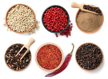 Beyazlar ve set üzerine izole edilmiş farklı biber çeşitleri. Üst görünüm