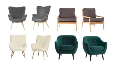 Beyazlara ayrılmış farklı sandalyeler, set. Mobilyalar şık.