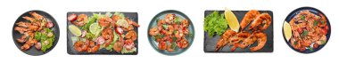 Set of grilled shrimps isolated on white, top view. Delicious sea food
