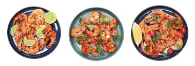 Set of grilled shrimps isolated on white, top view. Delicious sea food