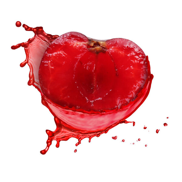 Fresh cherry with splashing juice on white background