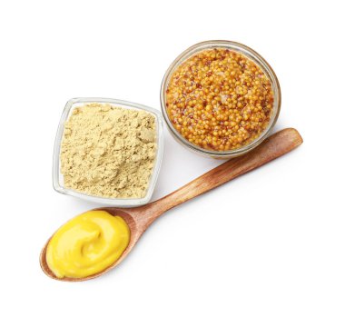 Beyaz, üst görünümde izole edilmiş farklı hardal türleri