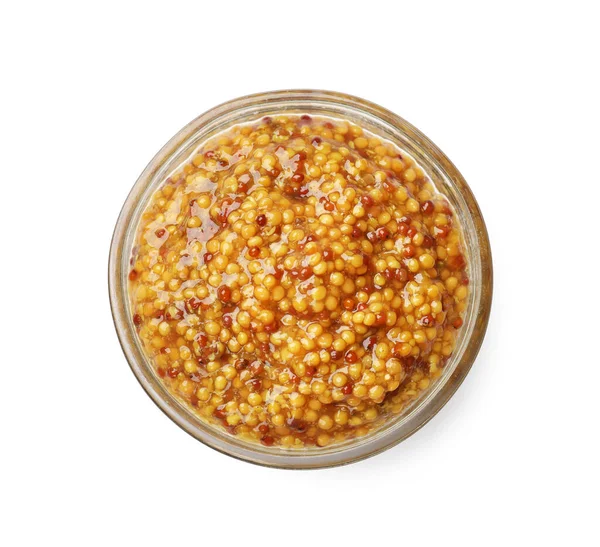 Tabakta tam tahıllı hardal, beyaz, üst manzara.