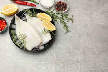 Buz küplü çiğ kalamar parçaları, limon, biberiye, baharat ve ürünler gri desenli masa, düz yatak. Metin için boşluk