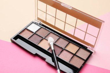 Renk arkaplanda aplikatörü olan güzel bir göz falı paleti, yakın plan