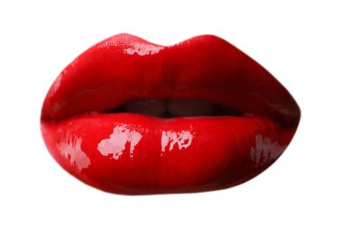 Beyaz üzerinde kırmızı ruj olan kadın dudakları.
