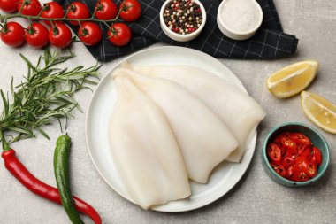 Çiğ kalamar parçaları, baharatlar ve ürünler gri desenli masa, düz yatıyordu.