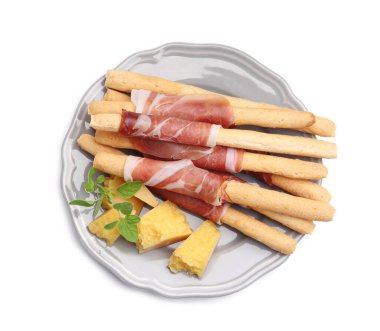 Beyaz üzerine izole edilmiş jambon ve peynirli Grissini ekmeği.