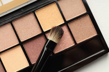 Güzel göz falı paleti ve beyaz arka planda fırça, üst görünüm