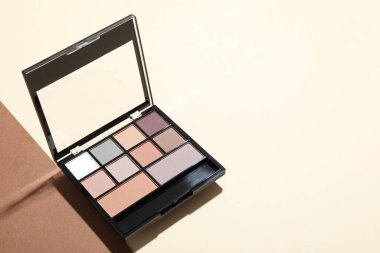 Beautiful eyeshadow palette on color background. Space for text