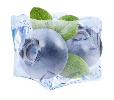 Beyaz arka planda olgun yaban mersini ve yeşil yapraklar buz küpünde