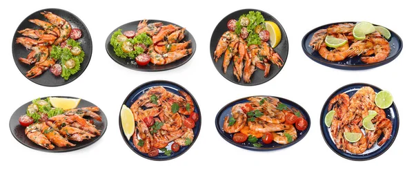 Beyazın üzerinde ızgara karides, hazır. Lezzetli deniz yemekleri.