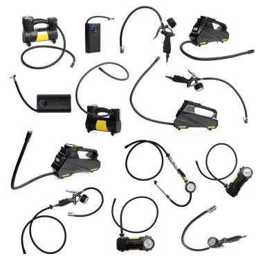 Farklı lastik şişkinlikleri beyaz renkte izole edilmiş.