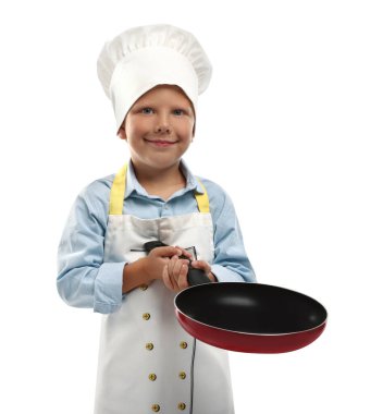 Meslek seçimi. Beyaz arka planda aşçı gibi davranan tavalı olan küçük çocuk.