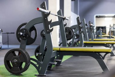 Spor salonunda halterli ağırlık sıraları ve diskler.