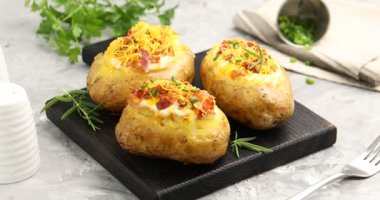 Gri desenli masada lezzetli fırınlanmış patatesler, yakın plan. Kamera dönüyor