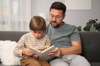 Baba ve oğul evdeki kanepede kitap okuyorlar.