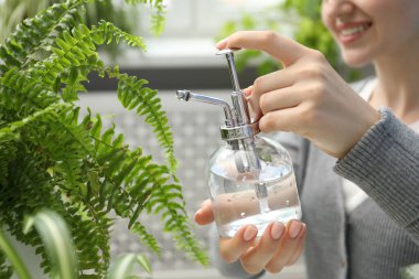 Genç bir kadın, güzel çiçekleri kapalı mekandaki şişelerden su püskürtüyor.