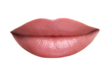 Dudak parlatıcısı beyaza ayrılmış güzel kadın dudakları.