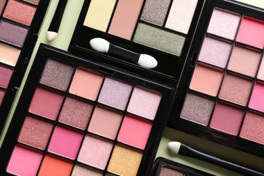 Göz farı paletleri ve aplikatörler açık yeşil arka planda, görüntünün üstünde. Makyaj kozmetikleri