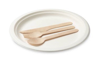 Tek kullanımlık tabak ve çatal bıçak takımı beyaza izole edilmiş.