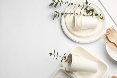Tek kullanımlık sofra takımı ve okaliptüs dalları hafif arka planda, düz yerde. Metin için boşluk