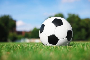 Yeşil çimlerin üzerinde futbol topu, mesaj için boşluk. Futbol oyunu