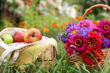 Hasır sepetin içinde güzel bir buket çiçek ve dışarıda yeşil çimlerde elmalar, yakın plan.