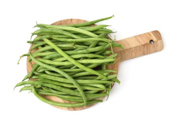 Fresh green bean pods isolated on white, top view